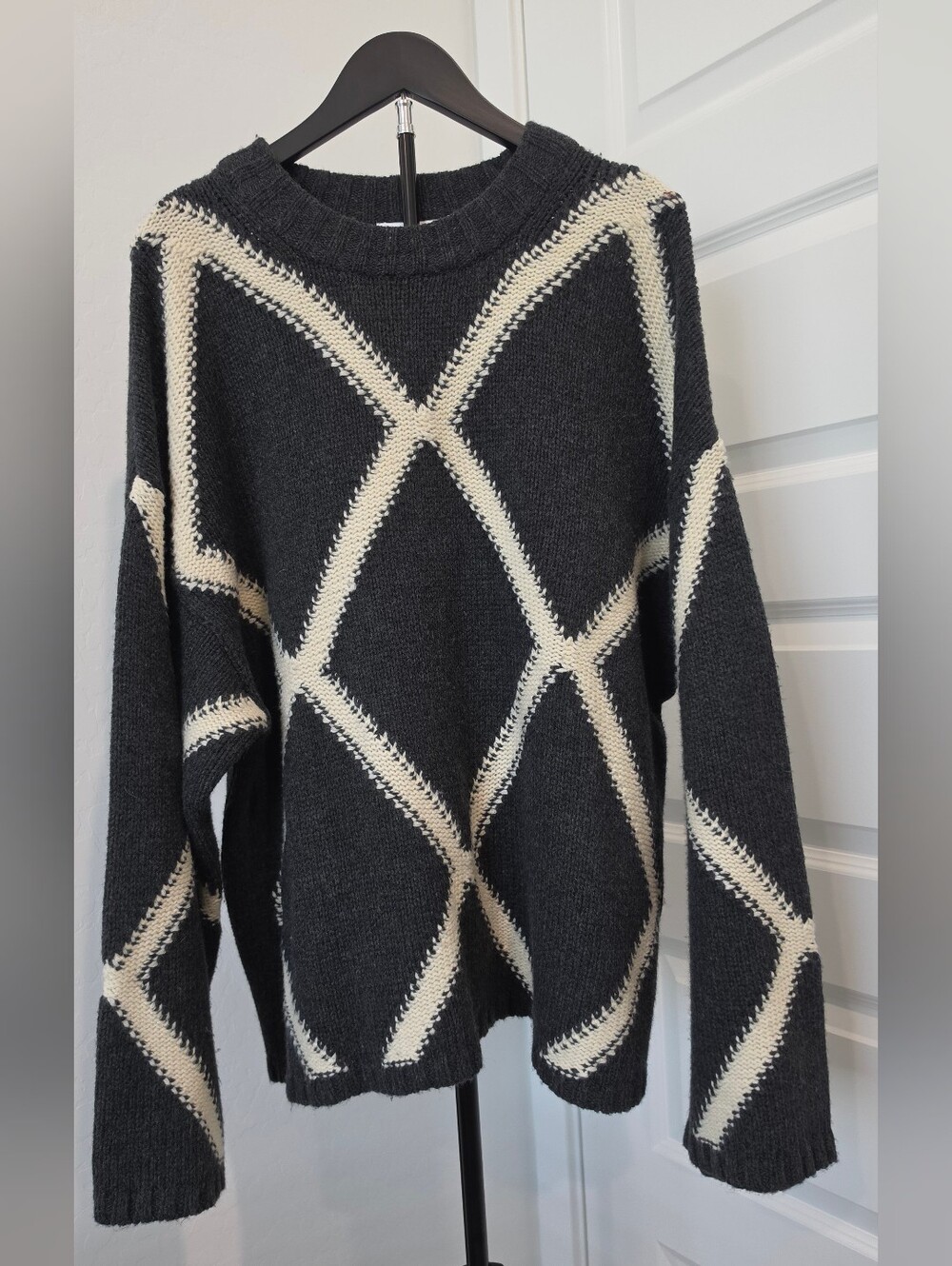 Topshop Black and Cream Argyle-Inspired Crewneck Sweater